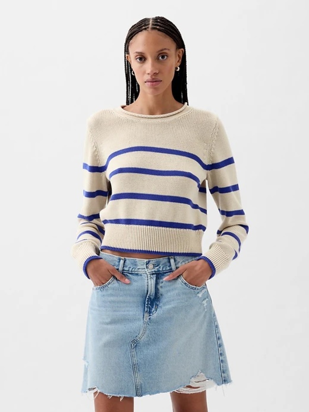 Gap 2024 Roll Neck Sweater Blue and White Fisherman Cropped 100% Cotton Size XS